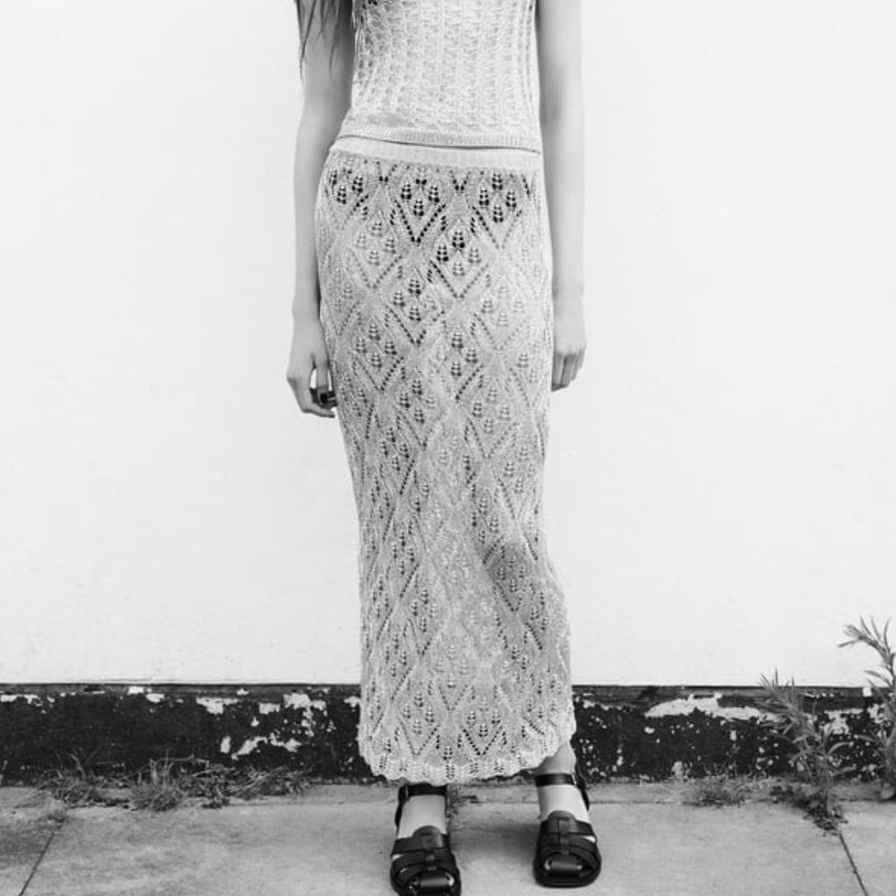 NWT SILVER MESH METALLIC THREAD MIDI SKIRT